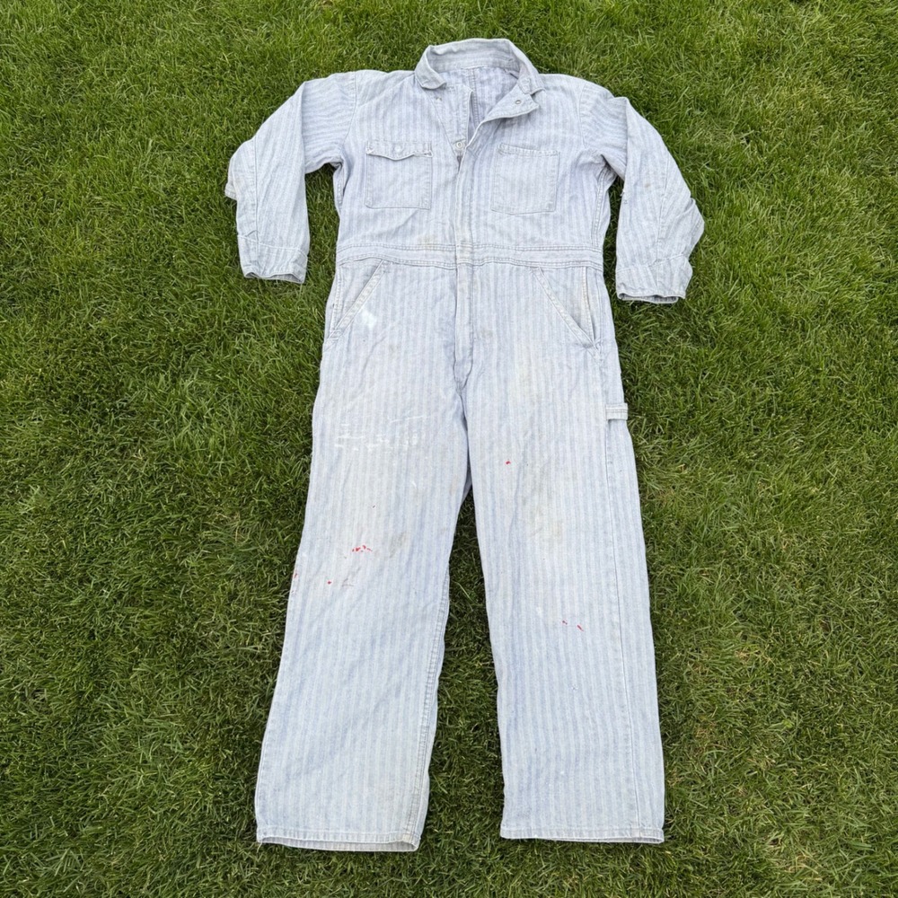 Vintage Herringbone Twill Striped Coveralls Blue White Workwear Jumpsuit 40 C+